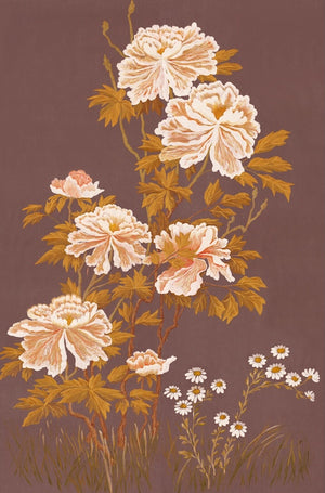 Whispers of Peony wallpaper by Dami and Em Design in burgundy, flat sample of peonies