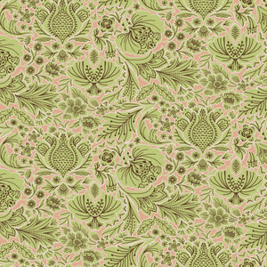 Folk Floral wallpaper by Parker and Jules in green, full repeat of bold folk flowers