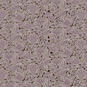 Folk Floral linen by Parker and Jules in lilac, flat sample of bold folk flowers