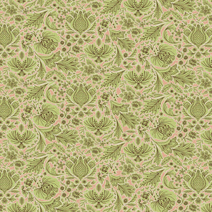 Folk Floral linen by Parker and Jules in green, pattern sample of bold folk flowers