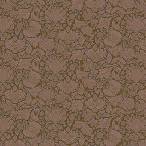 Folk Floral linen by Parker and Jules in brown, flat sample of bold folk flowers