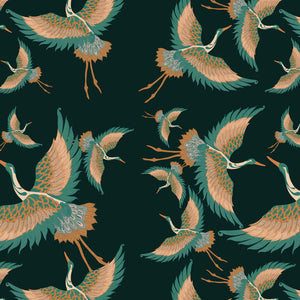 Pachamama velvet by Tatie Lou in dark green, in soft folds showing flying cranes