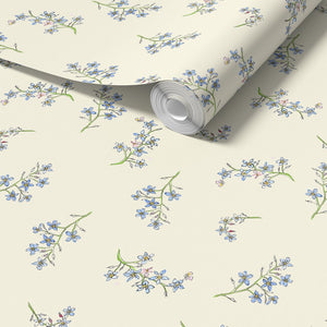 Forget Me Not wallpaper by Seed Home Designs in blue, sample roll showing scattered forget-me-nots