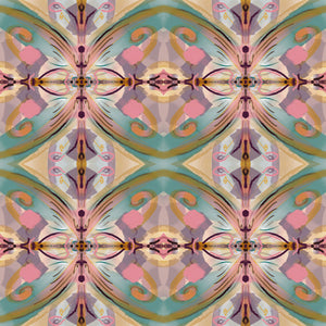 Franny wallpaper by Tatie Lou in pink and green, flat sample of a kaleidoscopic floral
