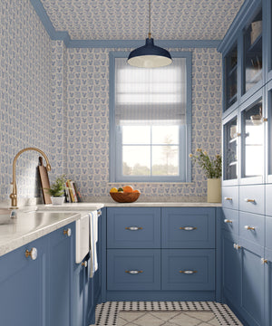 Picnic in the Flowers wallpaper by Studio Le Cocq in blue, a small floral lattice in a kitchen