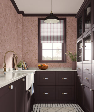 Daisy Chain wallpaper by Studio Le Cocq in pink, trailing daisy chains in a kitchen
