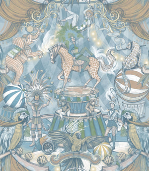 Funfair wallpaper by Brand McKenzie in pale blue, close view of a whimsical funfair scene