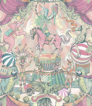 Funfair wallpaper by Brand McKenzie in pink, close view of a whimsical funfair scene