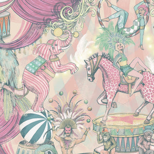 Funfair wallpaper by Brand McKenzie in pink, pattern detail of a whimsical funfair scene