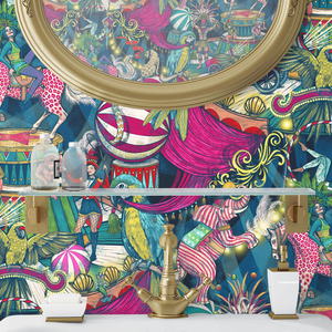 Funfair wallpaper by Brand McKenzie in pink and teal, close-up of a whimsical funfair scene