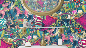 Funfair wallpaper by Brand McKenzie in pink and teal, close-up of a whimsical funfair scene