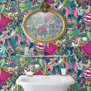 Funfair wallpaper by Brand McKenzie in pink and teal, a whimsical funfair scene on a bathroom wall