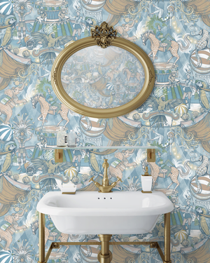 Funfair wallpaper by Brand McKenzie in pale blue, a whimsical funfair scene in a bathroom