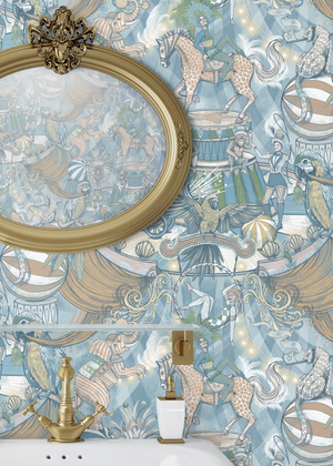 Funfair wallpaper by Brand McKenzie in pastel and blue, close-up of a whimsical funfair scene