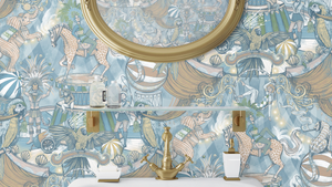 Funfair wallpaper by Brand McKenzie in pale blue, detail of a whimsical funfair scene