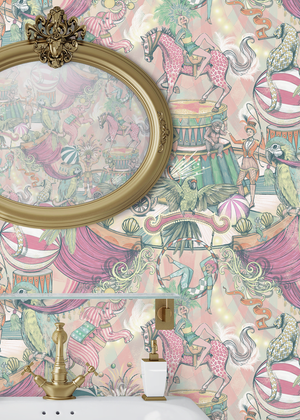 Funfair wallpaper by Brand McKenzie in pink, detail of a whimsical funfair scene