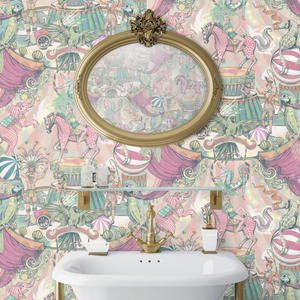 Funfair wallpaper by Brand McKenzie in pink, a whimsical funfair scene in a bathroom setting