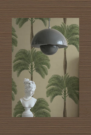 Brown Stone grasscloth grasscloth by Deus ex Gardenia in brown, a woven grasscloth texture behind a console table