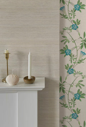 Complex White grasscloth grasscloth by Deus ex Gardenia in white, a woven grasscloth texture above a sideboard