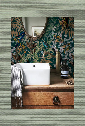 Earth Green grasscloth grasscloth by Deus ex Gardenia in sage green, a woven grasscloth texture in a bathroom
