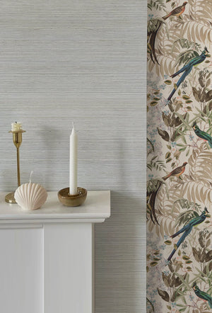 French Grey grasscloth grasscloth by Deus ex Gardenia in grey, a woven grasscloth texture above a sideboard