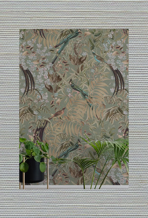 French Grey grasscloth grasscloth by Deus ex Gardenia in grey, a woven grasscloth texture behind a console table