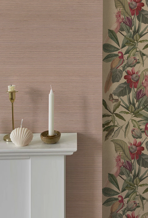 Peach Sand grasscloth grasscloth by Deus ex Gardenia in peach, a woven grasscloth texture above a sideboard