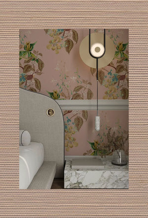 Peach Sand grasscloth grasscloth by Deus ex Gardenia in peach, a woven grasscloth texture in a bathroom