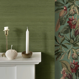 Treetop Green grasscloth grasscloth by Deus ex Gardenia in green, a woven grasscloth texture in a bathroom