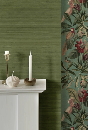 Treetop Green grasscloth grasscloth by Deus ex Gardenia in green, a woven grasscloth texture in a bathroom