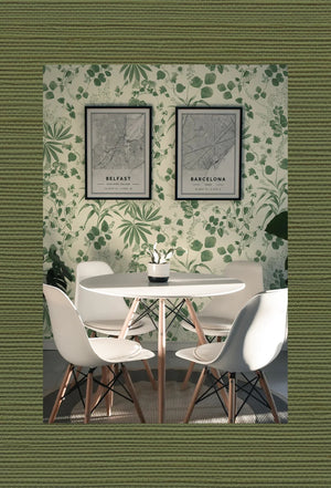 Treetop Green grasscloth grasscloth by Deus ex Gardenia in green, a woven grasscloth texture in a dining area