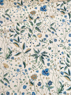 Gabrielle linen by Claire de Quénetain in green, full repeat of a hand-painted floral design
