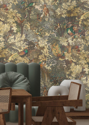 Gentlemen Birds wallpaper by Brand McKenzie in olive, birds hidden among leaves behind a dining table