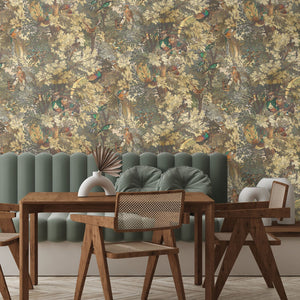 Gentlemen Birds wallpaper by Brand McKenzie in rust, birds hidden among leaves in a dining area