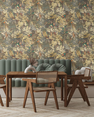 Gentlemen Birds wallpaper by Brand McKenzie in rust, birds hidden among leaves in a dining area