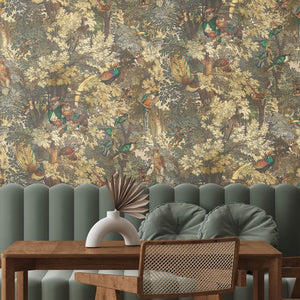 Gentlemen Birds wallpaper by Brand McKenzie in olive, birds hidden among leaves in a dining room