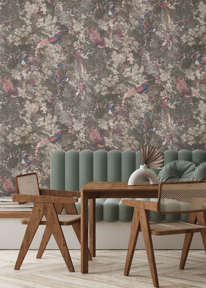 Gentlemen Birds wallpaper by Brand McKenzie in brown, birds hidden among leaves in a dining area