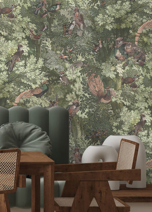 Gentlemen Birds wallpaper by Brand McKenzie in green, birds hidden among leaves in a dining area