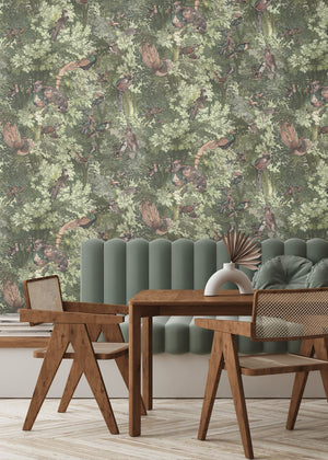 Gentlemen Birds wallpaper by Brand McKenzie in green, close view of birds hidden among leaves