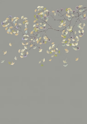 The Ginkgo Tree wallpaper by Dami and Em Design in green, full repeat of ginkgo branches