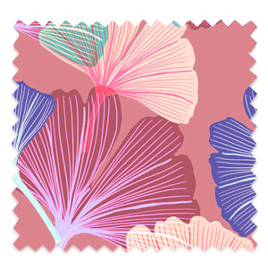 Ginkgo wallpaper by Tatie Lou in pink, full repeat of oversized ginkgo leaves