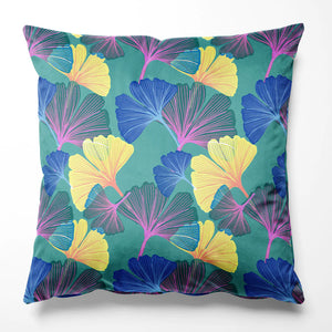 Ginkgo velvet by Tatie Lou in green, oversized ginkgo leaves made into a cushion