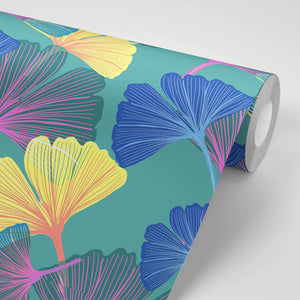 Ginkgo wallpaper by Tatie Lou in green, roll showing oversized ginkgo leaves