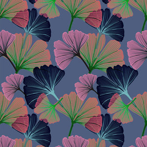 Ginkgo wallpaper by Tatie Lou in purple, flat sample of oversized ginkgo leaves