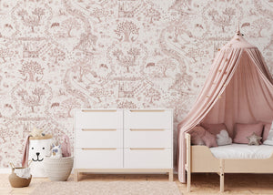 Daily Walk wallpaper by Studio Le Cocq in pink, a country toile in a child's room