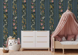 Hedgerows wallpaper by Studio Le Cocq in navy, hedgerow flowers and birds in stripes behind a daybed in a child's room