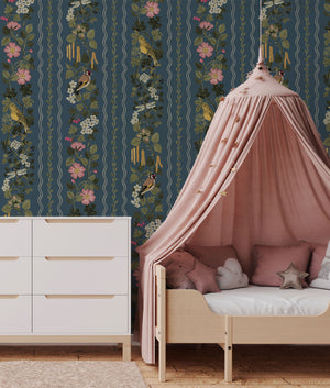 Hedgerows wallpaper by Studio Le Cocq in navy, hedgerow flowers and birds in stripes in a child's room