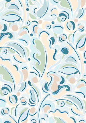 Gloria wallpaper by Claire de Quénetain in blue, flat sample of scattered leaves