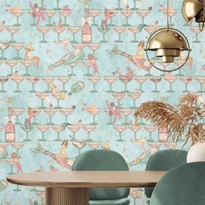 The Grand Pour wallpaper by Brand McKenzie in aqua, swimmers among cocktail glasses in a dining room