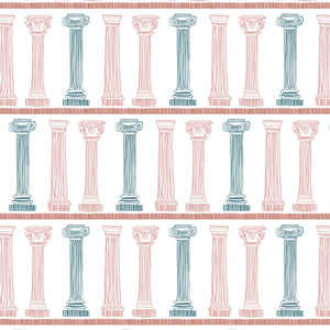 Temple wallpaper by Annika Reed in pink and blue, flat sample of temple columns